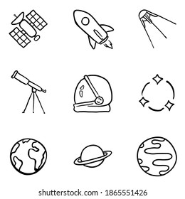 Vector Set of Black Doodle Space Icons. Astronomy Symbols.