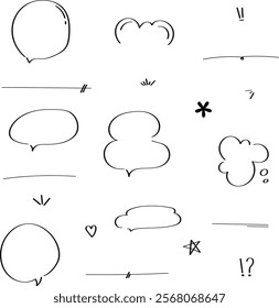 Vector set of black doodle style frame and cute bubble handwriting japan speech