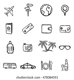 Vector Set of Black Doodle Travel and Vacation Icons