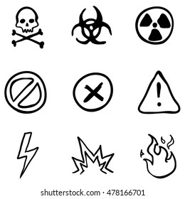 Vector Set of Black Doodle Warning Icons