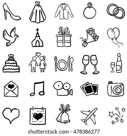 Vector Set of Black Doodle Weddings Icons