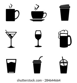 Vector Set of Black Drinks Icons. Tea, Coffee, Alcohol, Martini, Wine, Beer, Mineral Water, Fizzy Water, Smoothie, Cocktail.