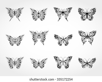 Vector set of black fantasy silhouettes butterflies