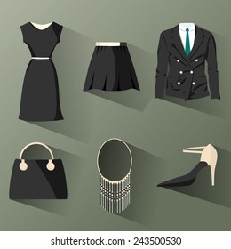 Vector set of black fashion clothes and accessory. Dress, blazer, skirt, bag, necklace, shoes. Flat style. 