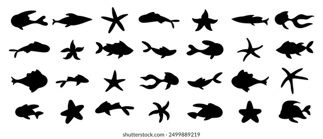 Vector set of black fish and starfish silhouettes on a white background. Perfect for depicting underwater ocean scenes, marine life, aquatic environments, or reef settings.