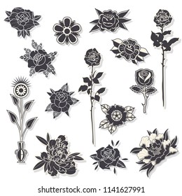 Vector Set of  Black Flowers Traditional Tattoo Arts