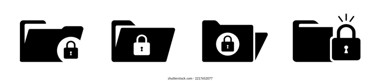 Vector set with black folder and lock. Confidential protected file and document. Secret information. Private protected folder. 