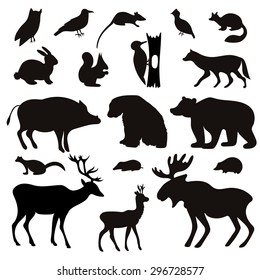 Vector Set of Black Forest Animals and Birds Silhouettes. Hand drawn vector illustration.