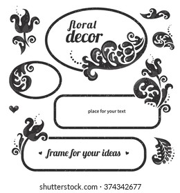 Vector set of black frame in Victorian style. Ornate element for design. Concept gray scale decor. Place for slogan. Floral ornament for business card, wedding invitations, certificate, business sign.