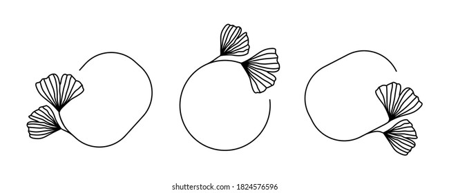 Vektorset aus schwarzen Rahmen mit Ginkgo Biloba Blättern im trendigen linearen Stil einzeln auf weißem Hintergrund. Emblem, Abzeichen, Symbol oder Logo-Vorlage für Kosmetika, organische Erzeugnisse