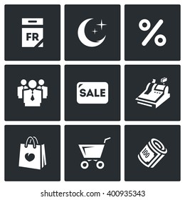 Vector Set of Black Friday Icons. Calendar, Night, Discount, People, Sale, Cash, Shopping bag, Purchase, Money. Annual event with cheap sales and deep discounts