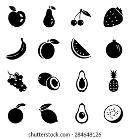 Vector Set of Black Fruit Icons. Apple, Pear, Cherry, Strawberry, Banana, Peach, Watermelon, Pomegranate, Grapes, Coconut, Papaya, Pineapple, Orange, Lemon, Avocado, Kiwi.