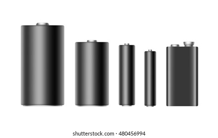 Vector Set of Black Glossy Alkaline Batteries Of Diffrent size AAA, AA, C, D, PP3 and 9 Volt Battery for branding Close up Isolated on White background