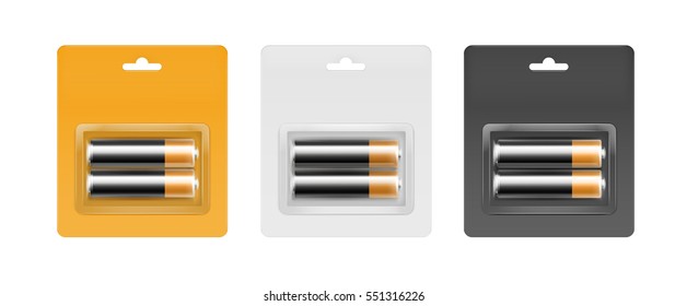 Vector Set of Black Golden Glossy Alkaline AA Batteries in Yellow Black Gray Blister Packed for branding Close up Isolated on White Background