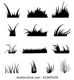 Vector Set of Black Grass Silhouettes on White Backround