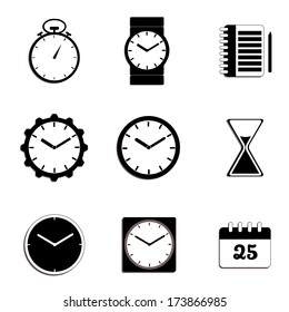 Vector set of black and gray clocks and time icons on white background