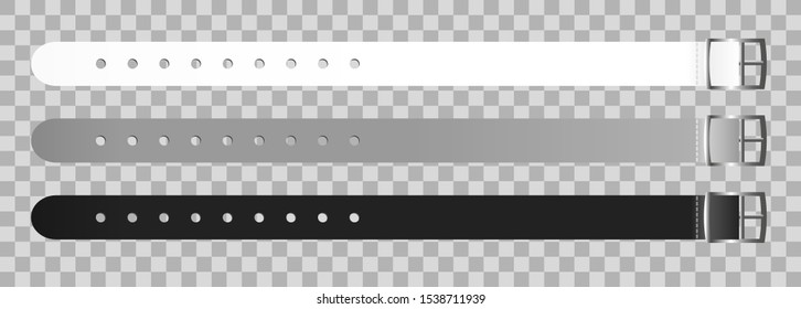 Vector set of black, gray and white silicon waterproof wristbands or bracelets with closing watch mechanism. Hand entrance access control. Templates are isolated on a transparent background.