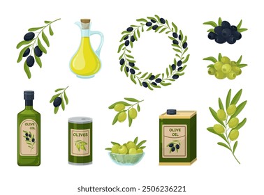 Vector set of black and green olives. Olive tree branches, wreath of olive branches, glass bottle with olive oil, bowl with olives and metal can. Healthy food vector illustration.