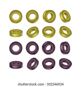 Vector Set of Black and Green Sliced Olives Isolated on White Background