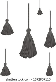 Vector Set of Black and grey Hanging Decorative Tassels With Ropes. Great for graduation cards, invitations, hats, mockups, grad party designs