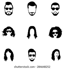 Vector Set of Black Hairstyles Icons. Hair, Beard, Mustache. Mens and Womens Hairstyles.