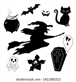 Vector set of black Halloween's icons. Silhouettes on a white background for any fun designes or decorations
