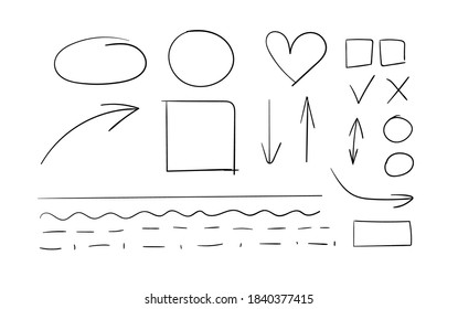 Vector Set of Black Hand Drawn Design Elements Isolateed on White Background, Circles, Geometric Shapes, Arrows, Heart, Underline Strokes.