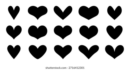 Conjunto de Vector de colección de icono de forma de silueta de corazón negro sobre fondo blanco. Ilustración romántica del símbolo del amor para la tarjeta de San Valentín, decoración de la boda, redes sociales como etiqueta engomada, elemento del Diseño gráfico.
