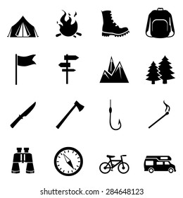 Vector Set of Black Hiking and Camping icons
