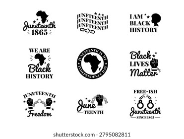 Vector set of Black History Juneteenth icons badges and emblems for celebration and remembrance