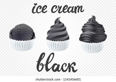 vector Set of black ice cream dark with of different shapes in a cup on transparent background lettering hand made text art