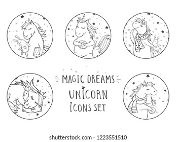 Vector set of black icons with hand drawn cute unicorns. Text - MAGIC DREAMS on withe background. For your design. Cartoon style. 