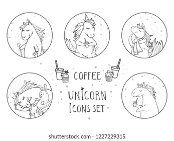 Vector set of black icons with hand drawn cute unicorns. Text - COFFEE on withe background. For your design. Cartoon style. 