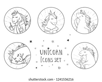 Vector set of black icons with hand drawn cute unicorns. Text – UNICORN on white background. For your design. Cartoon style. 