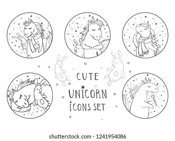 Vector set of black icons with hand drawn cute unicorns. Text –  CUTE UNICORN on withe background. For your design. Cartoon style. 