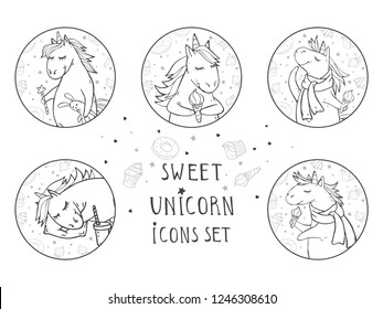 Vector set of black icons with hand drawn cute unicorns. Text - SWEET on withe background. For your design. Cartoon style. 
