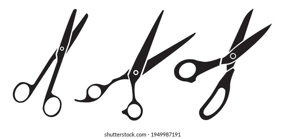 Vector set of black icons of scissors. Illustration Isolated, grouped and transparent. Elements are separated.