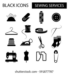 vector set of black icons for sewing services including needle and thread, scissors, button, pins, hanger, iron, sewing machine, spool, fabric, mannequin, socks