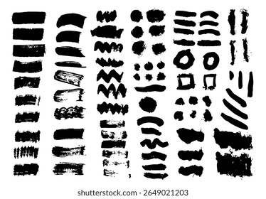 Vector set of black ink brush strokes and grunge shapes on white background