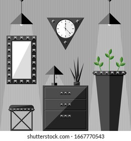 Vector set of black interior decor in a rock-style room: chandelier, mirror, chest of drawers, stool, vase, table lamp, wall clock.