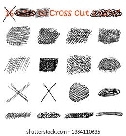 Vector set of black intersecting lines drawn by hand in ink. Abstract narrow, wide, rectangular, round, square patterns for strikethrough text isolated on white background. 16 ways to cross out a word