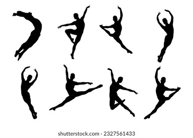 Vector set of black isolated contours of a male dancer in ballet jumps on a white background.