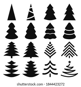 Conjunto vectorial de siluetas negras aisladas de árboles de Navidad sobre un fondo blanco. Colección de íconos simples de abetos para el diseño, decoración de tarjetas de felicitación, banners web, afiches, invitaciones