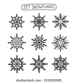 Vector set of black isolated snowflakes icon silhouette on white background. Flat snow icons for Christmas banner, cards. New year concept