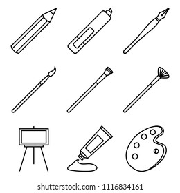 Vector Set of Black Line Art Icons. Painting and Writing Tools