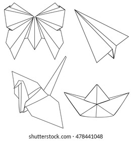 Vector Set of Black Line Art Origami Shapes on White Background