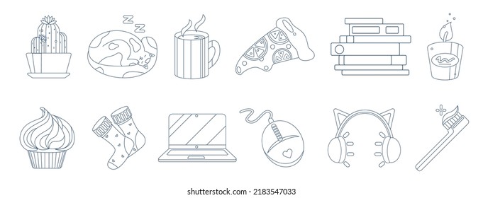 Vector set of black line contour isolated illustrations on a white background. Cozy home different symbols for coloring