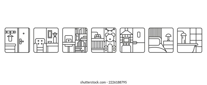 Vector set of black line different rooms square icons on a white background. Collection of isolated minimal interior illustrations