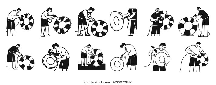 Vector Set – Black Line Drawing of Person Inflating Swim Ring with Pump, Summer Equipment Preparation on White Background