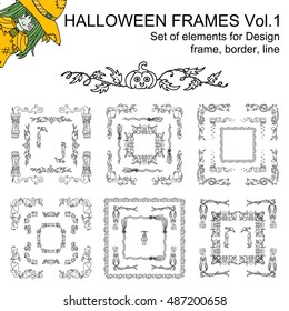 Vector set of black line Halloween frames, borders for decor.  Square corners and frames from halloween doodle elements for design: witch, scull, ghost, bat, ivy, owl, cat, gravestone and pumpkin